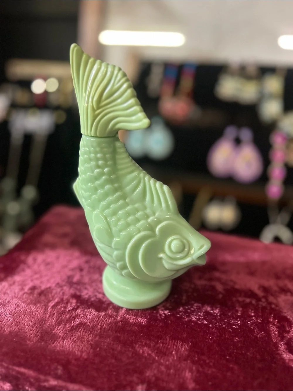 Vintage Avon Topaze Jadeite Green Milk Glass Koi Gold Fish Bubble Bath Bottle